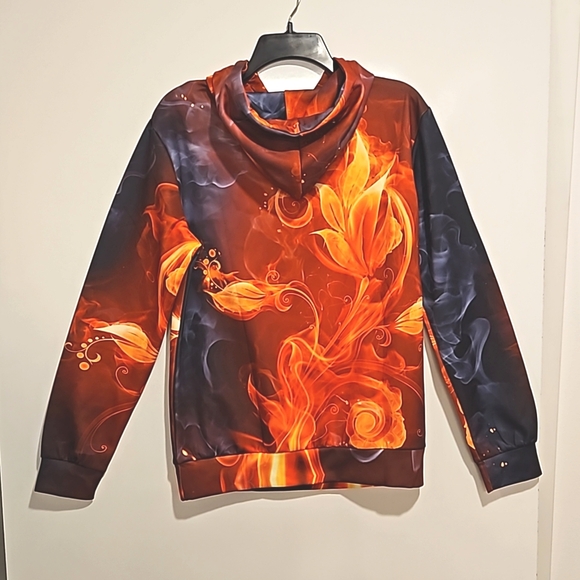 Multicolor abstract print hoodie kangaroo pocket UNISEX Small orange rust black - Picture 3 of 8